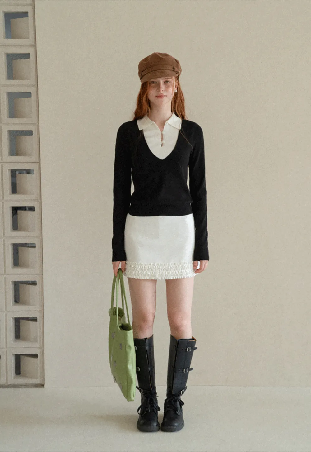 V Neck Layered Collar Wool Knit Sweater