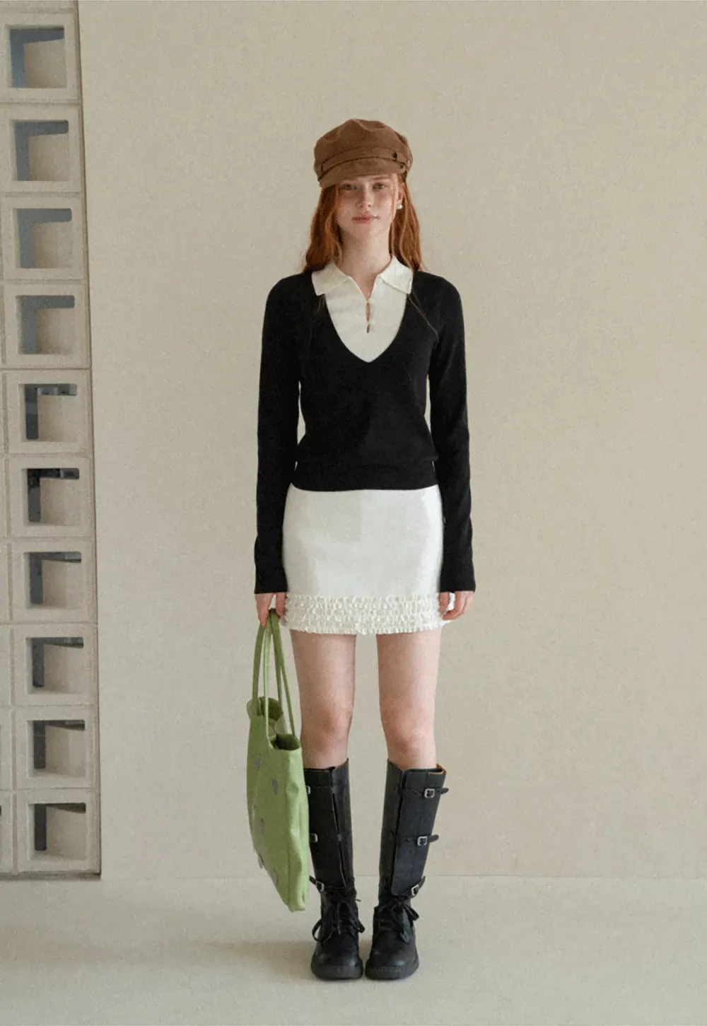 V Neck Layered Collar Wool Knit Sweater