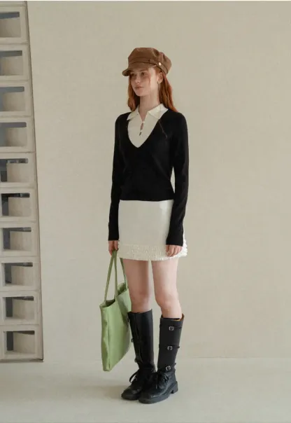 V Neck Layered Collar Wool Knit Sweater
