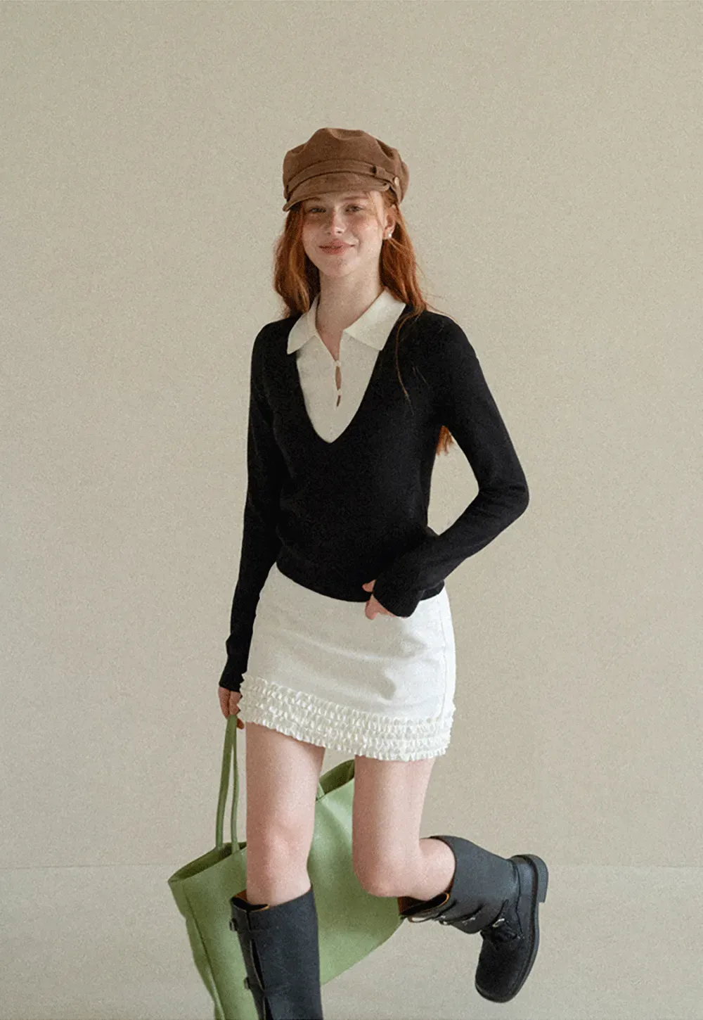 V Neck Layered Collar Wool Knit Sweater