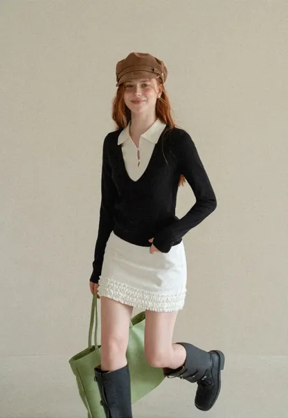 V Neck Layered Collar Wool Knit Sweater