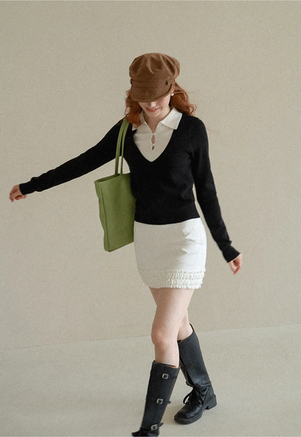 V Neck Layered Collar Wool Knit Sweater