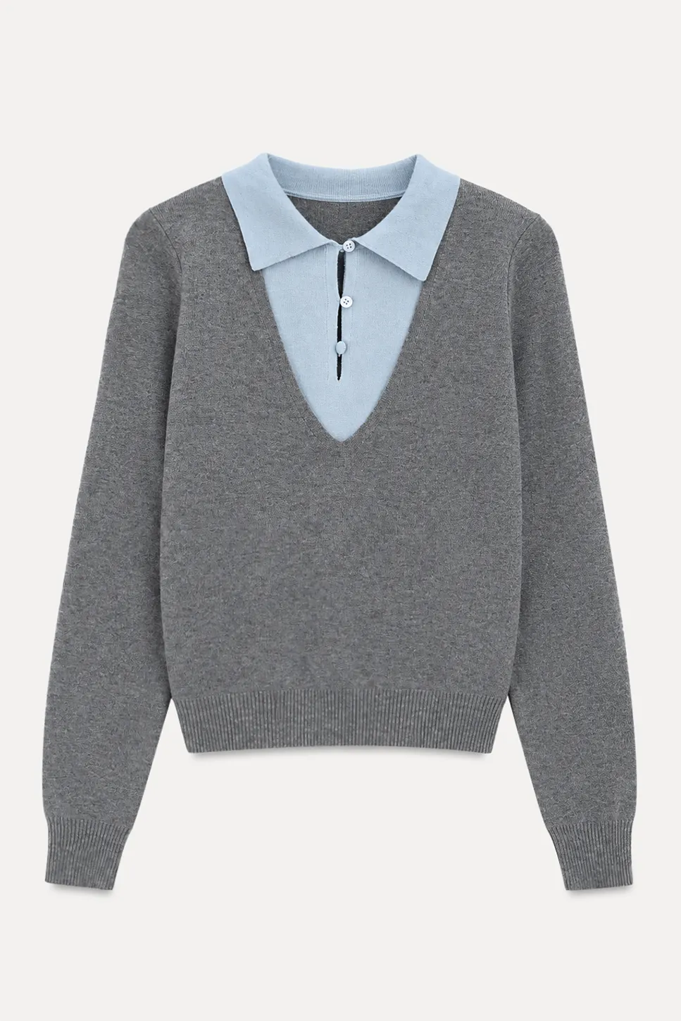 V Neck Layered Collar Wool Knit Sweater