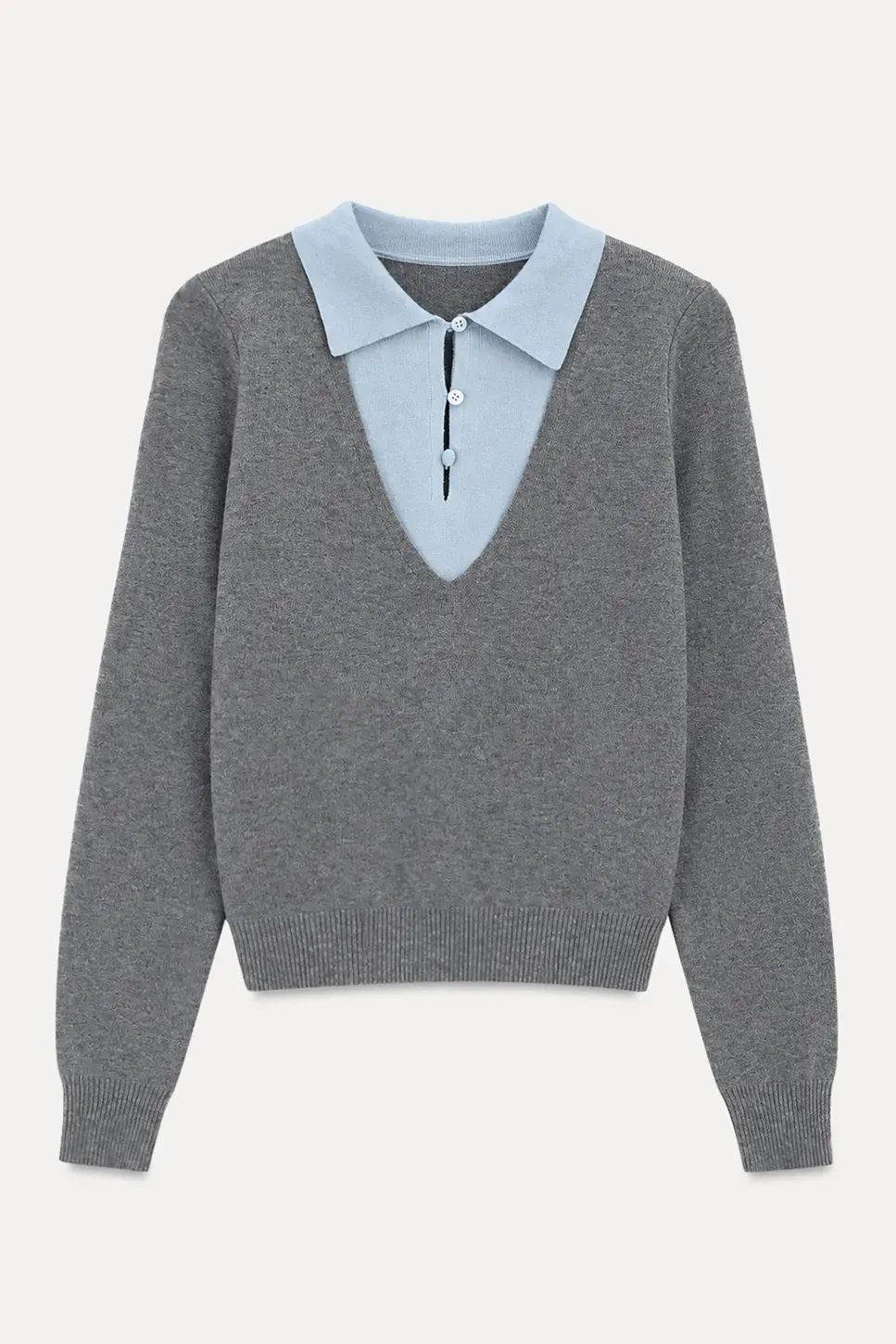 V Neck Layered Collar Wool Knit Sweater