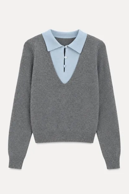 V Neck Layered Collar Wool Knit Sweater