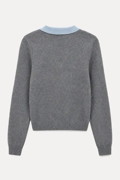V Neck Layered Collar Wool Knit Sweater