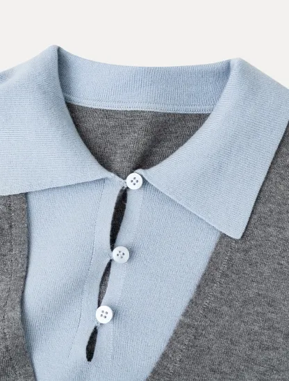 V Neck Layered Collar Wool Knit Sweater