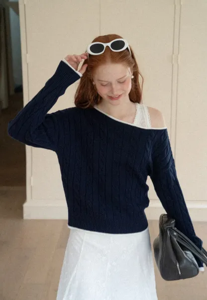Asymmetrical Neck Cable Knit Sweater