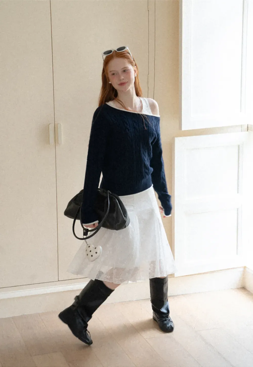 Asymmetrical Neck Cable Knit Sweater