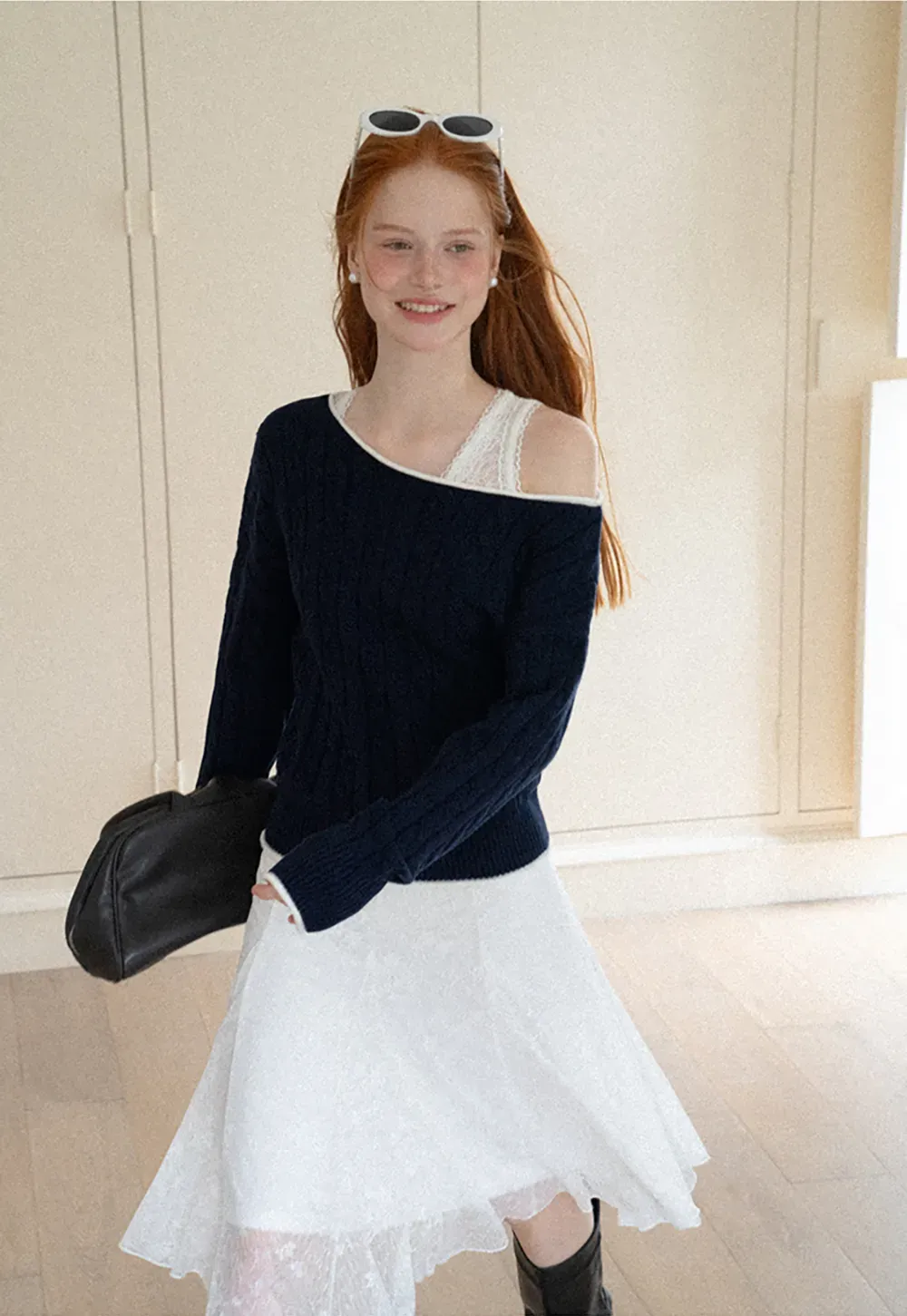 Asymmetrical Neck Cable Knit Sweater
