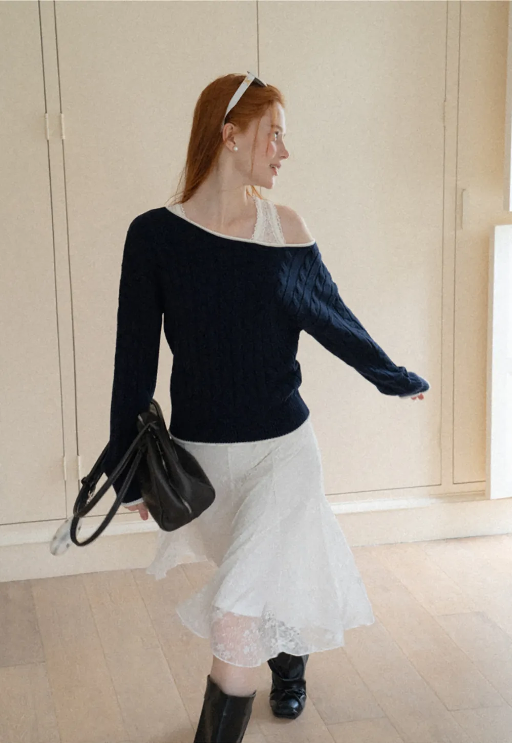 Asymmetrical Neck Cable Knit Sweater