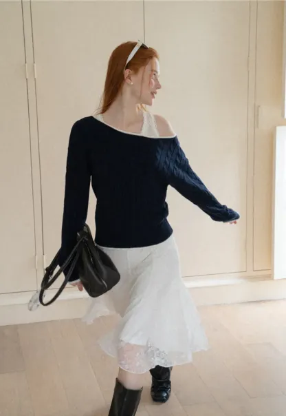 Asymmetrical Neck Cable Knit Sweater