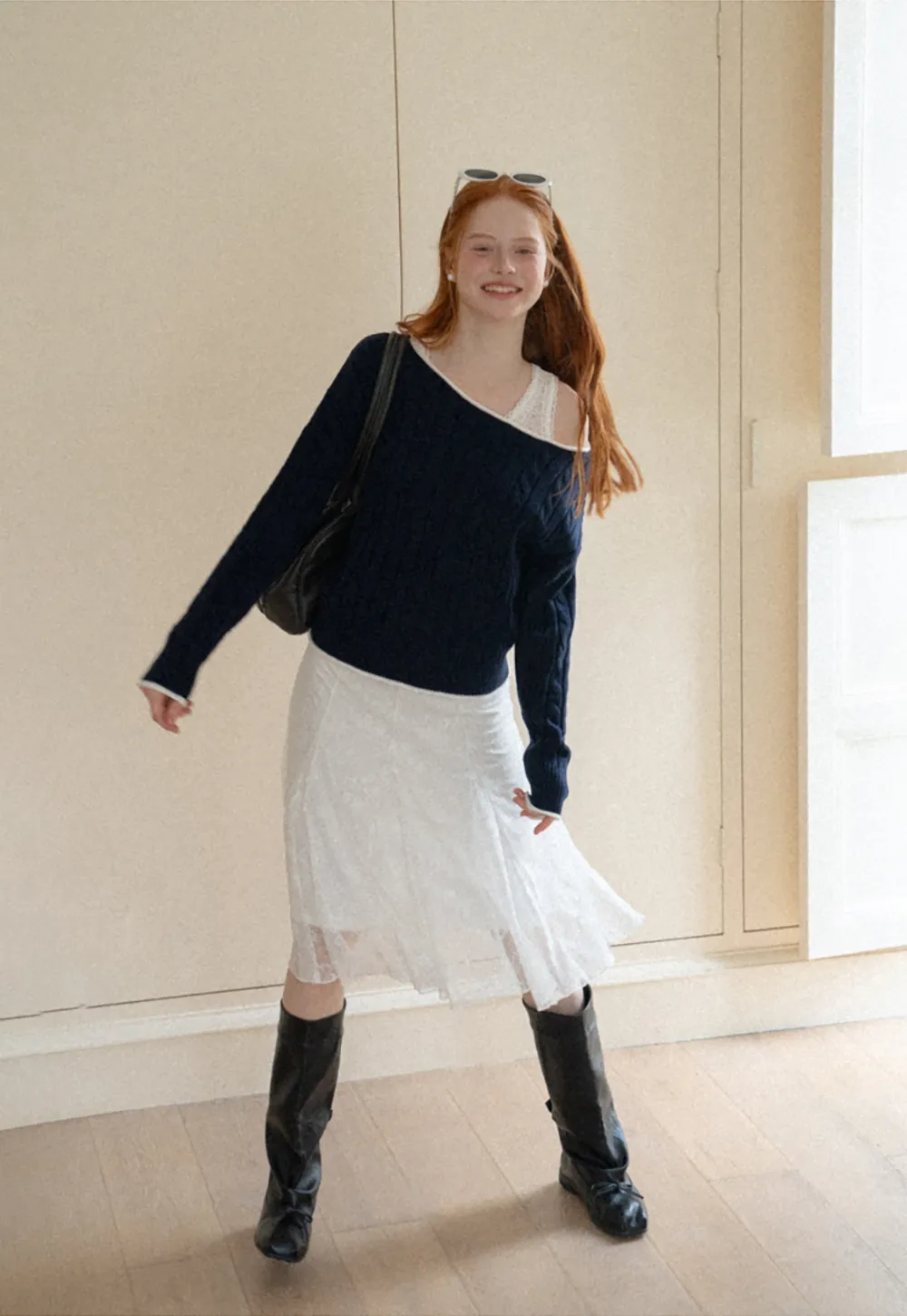 Asymmetrical Neck Cable Knit Sweater
