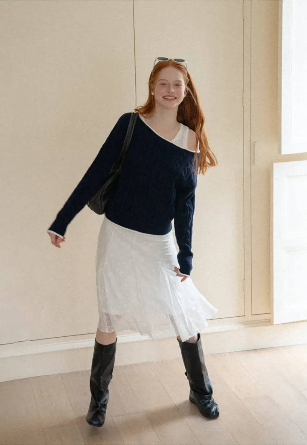 Asymmetrical Neck Cable Knit Sweater