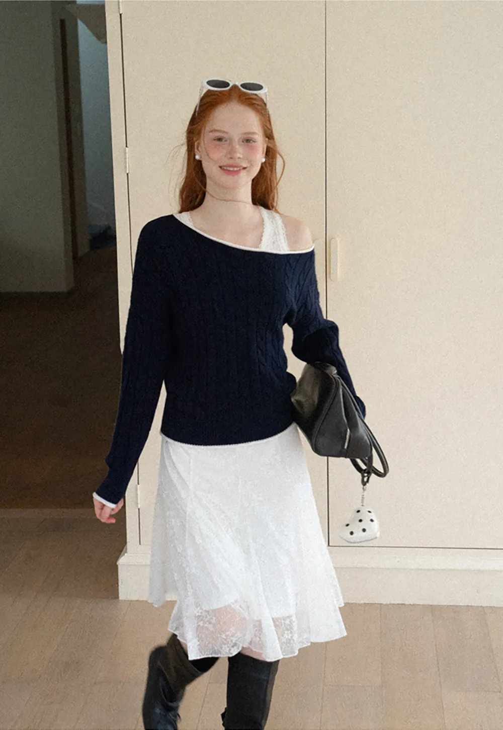 Asymmetrical Neck Cable Knit Sweater