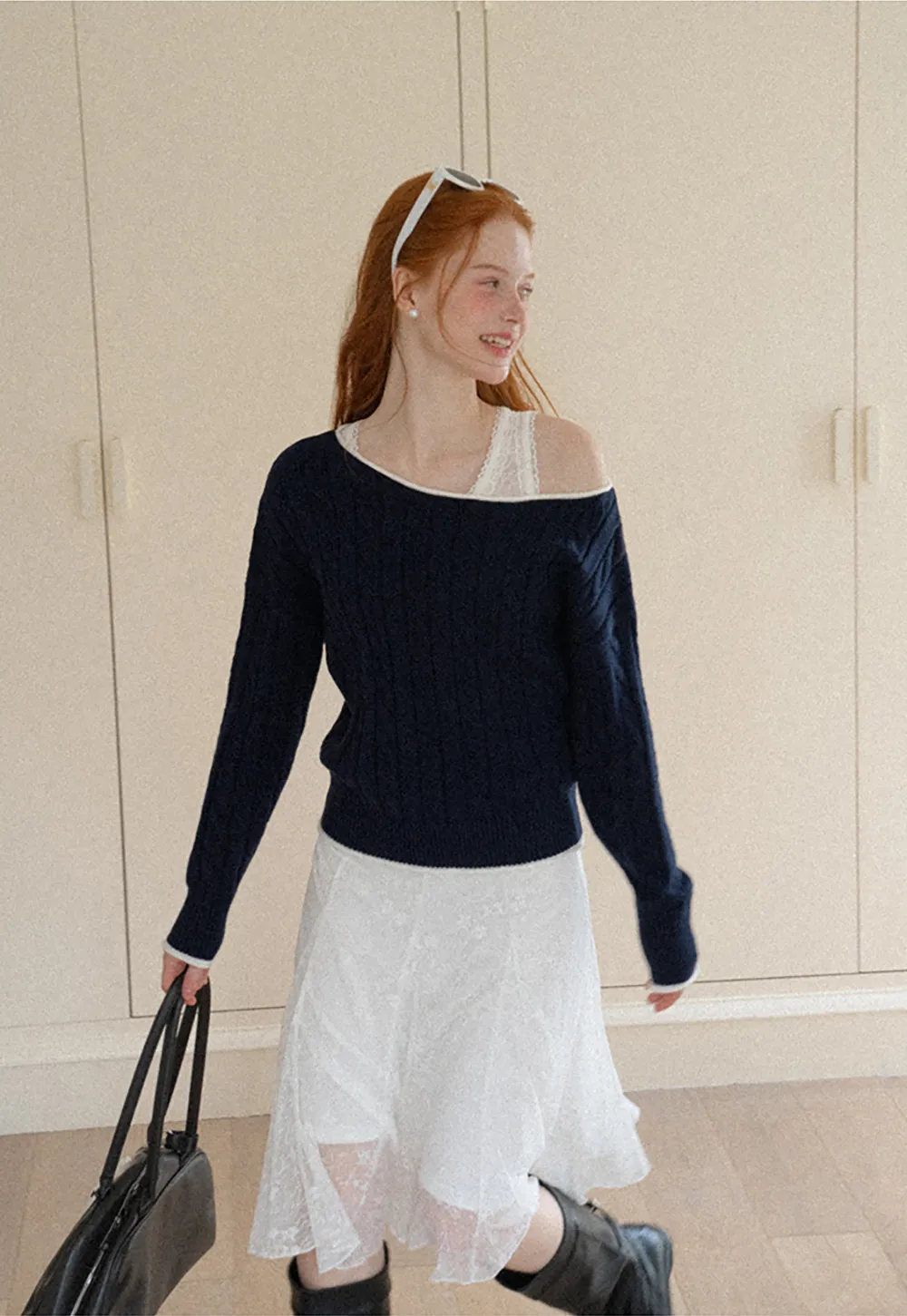 Asymmetrical Neck Cable Knit Sweater