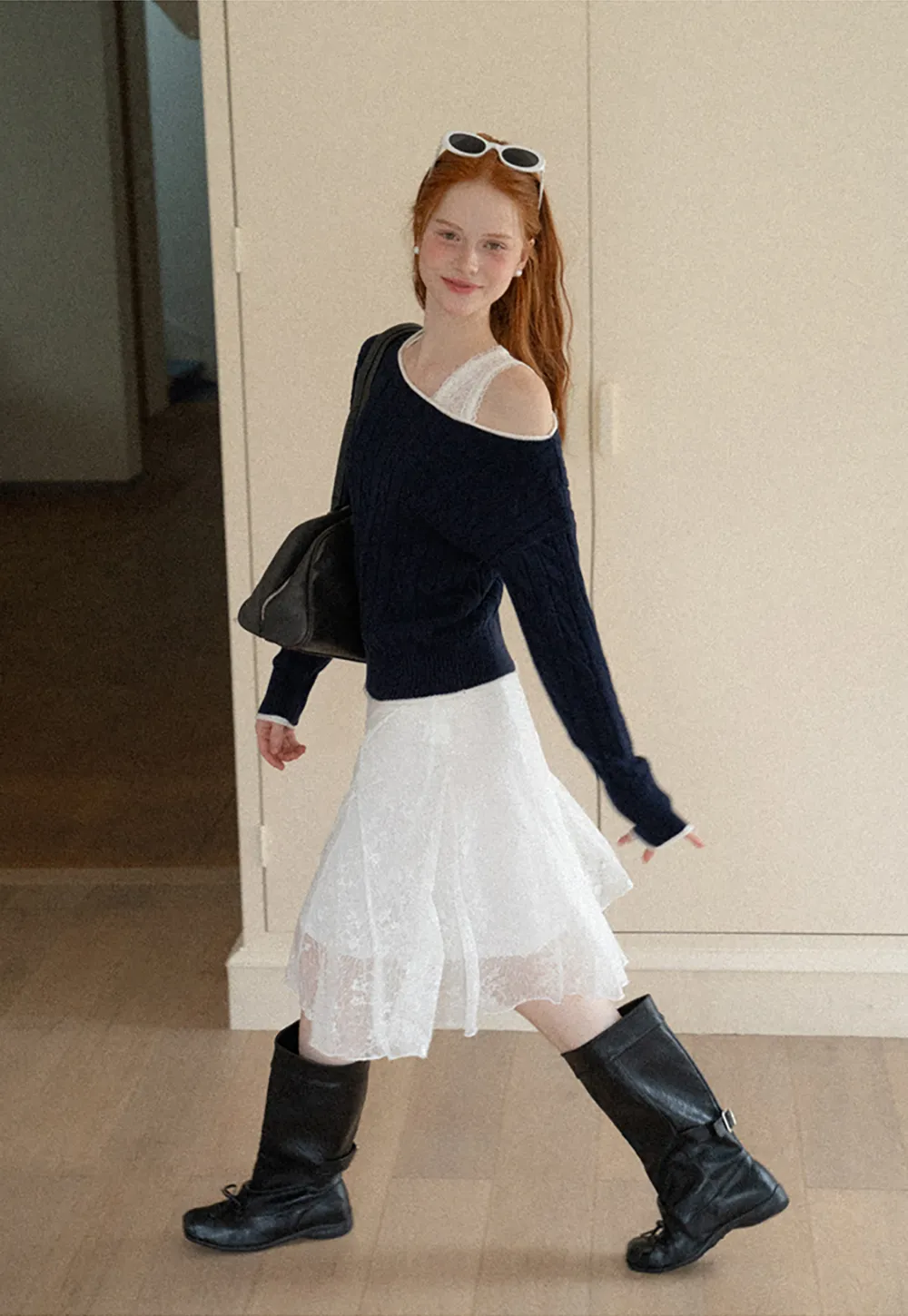 Asymmetrical Neck Cable Knit Sweater