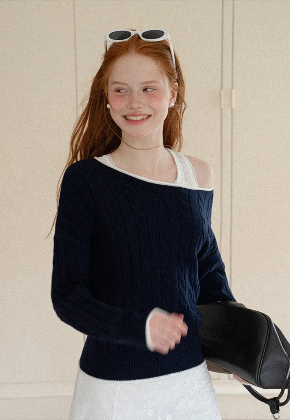 Asymmetrical Neck Cable Knit Sweater