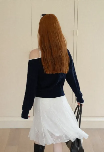 Asymmetrical Neck Cable Knit Sweater