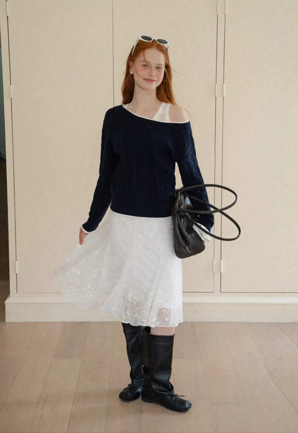 Asymmetrical Neck Cable Knit Sweater