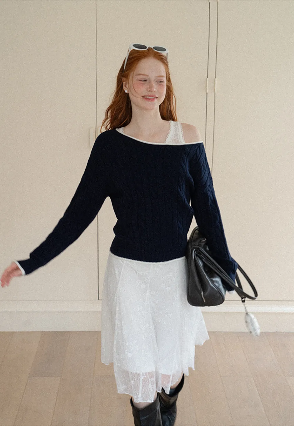 Asymmetrical Neck Cable Knit Sweater