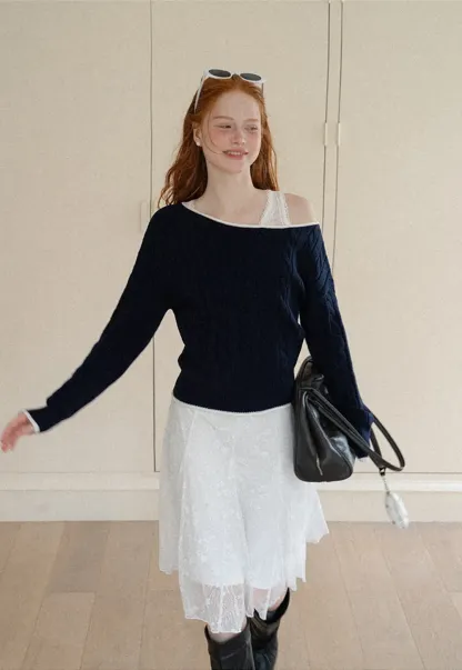 Asymmetrical Neck Cable Knit Sweater