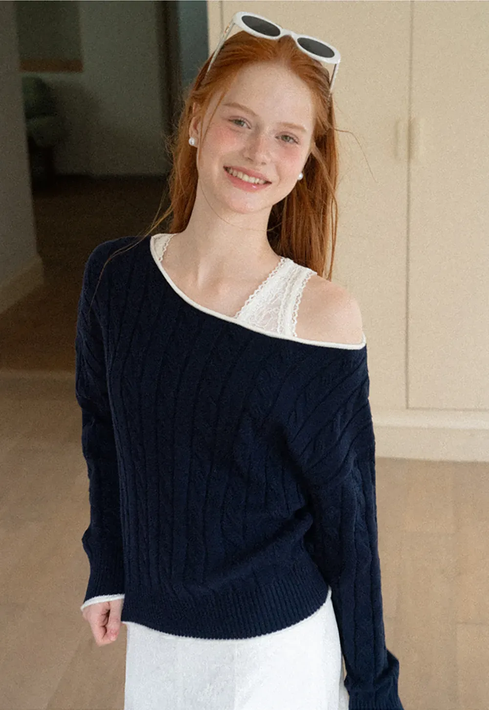 Asymmetrical Neck Cable Knit Sweater