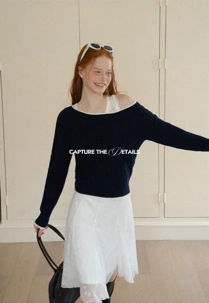 Asymmetrical Neck Cable Knit Sweater