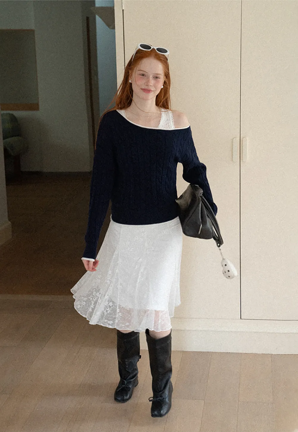 Asymmetrical Neck Cable Knit Sweater