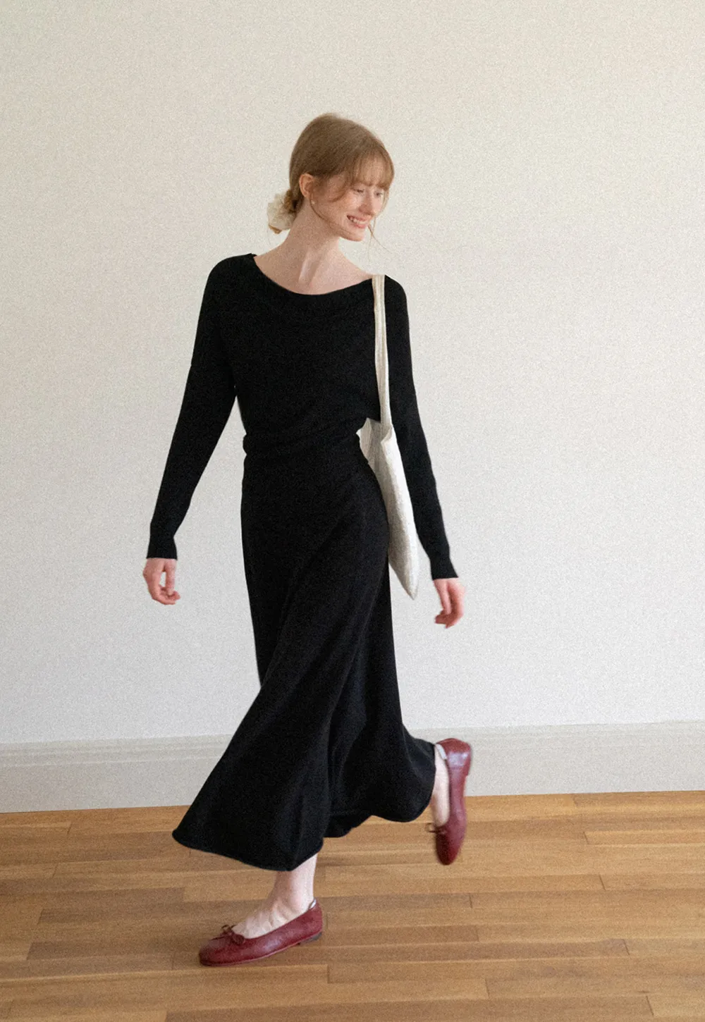 Asymmetrical Wrap Knit Sweater and Flowing Skirt