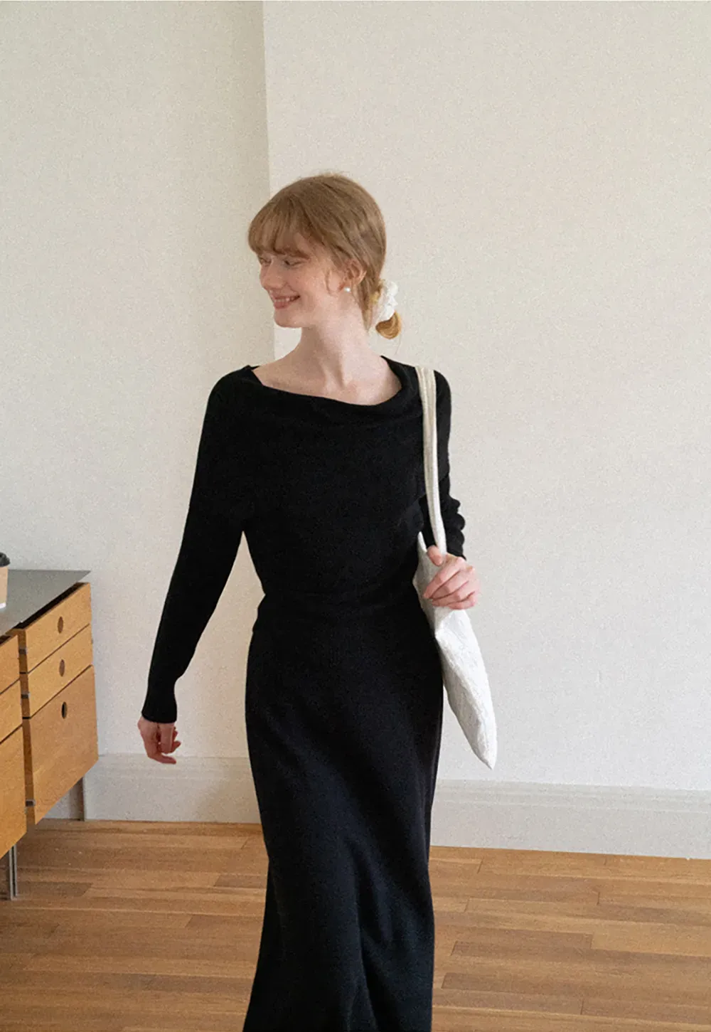 Asymmetrical Wrap Knit Sweater and Flowing Skirt