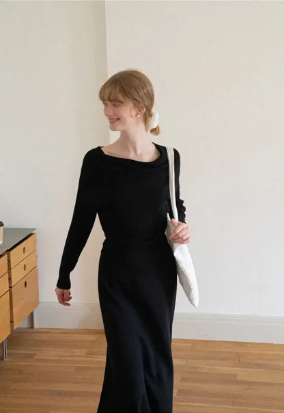 Asymmetrical Wrap Knit Sweater and Flowing Skirt