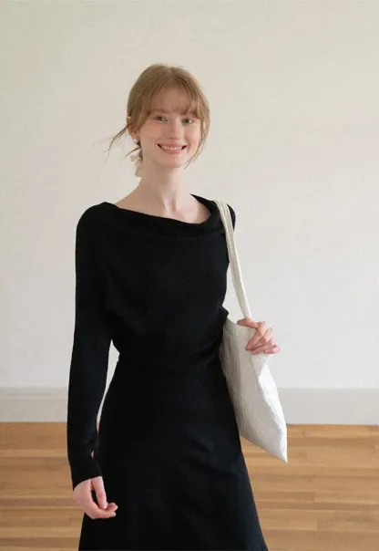 Asymmetrical Wrap Knit Sweater and Flowing Skirt