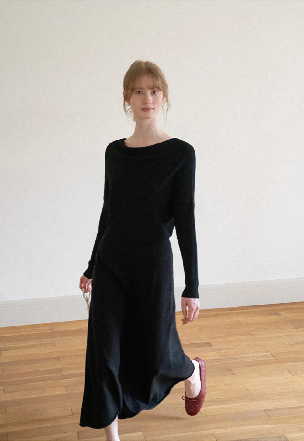 Asymmetrical Wrap Knit Sweater and Flowing Skirt