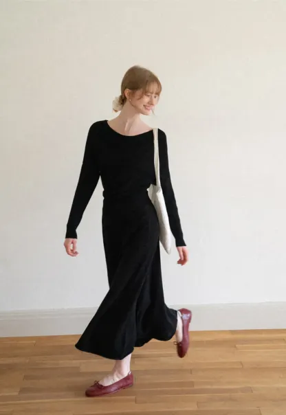 Asymmetrical Wrap Knit Sweater and Flowing Skirt