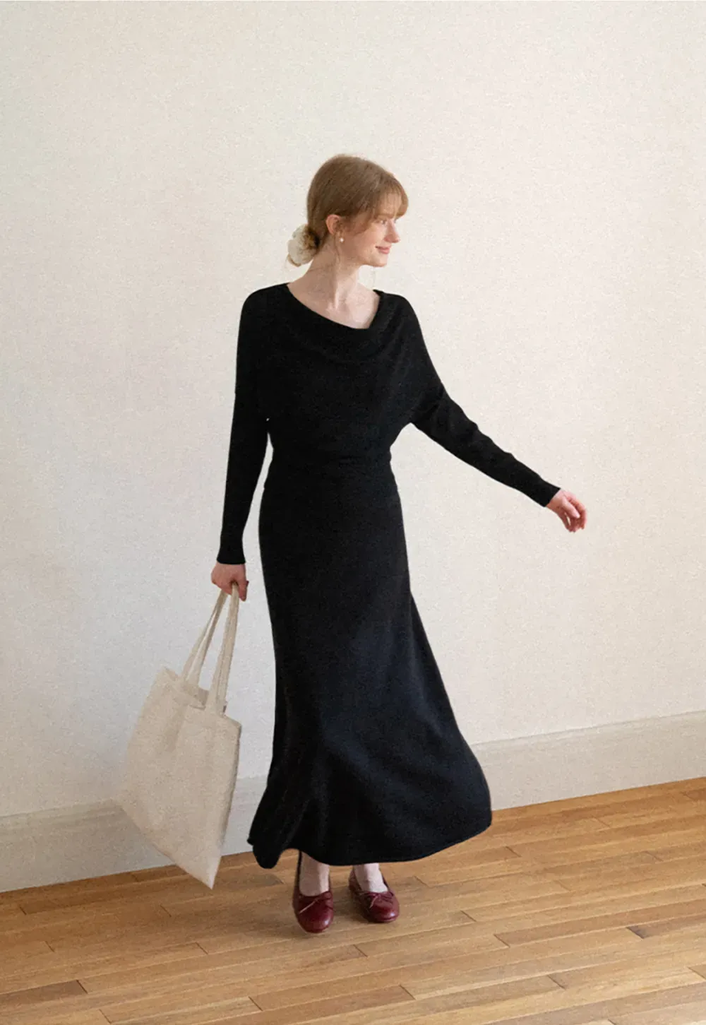 Asymmetrical Wrap Knit Sweater and Flowing Skirt