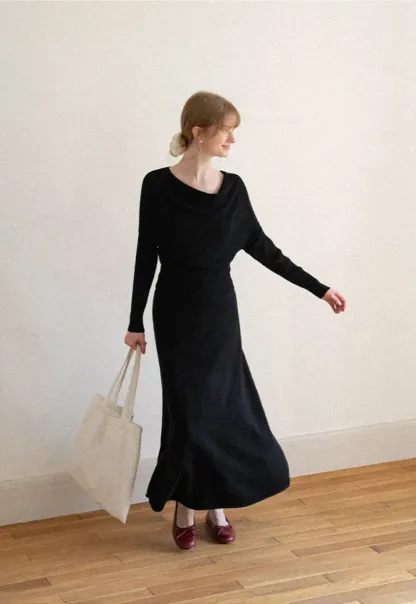 Asymmetrical Wrap Knit Sweater and Flowing Skirt