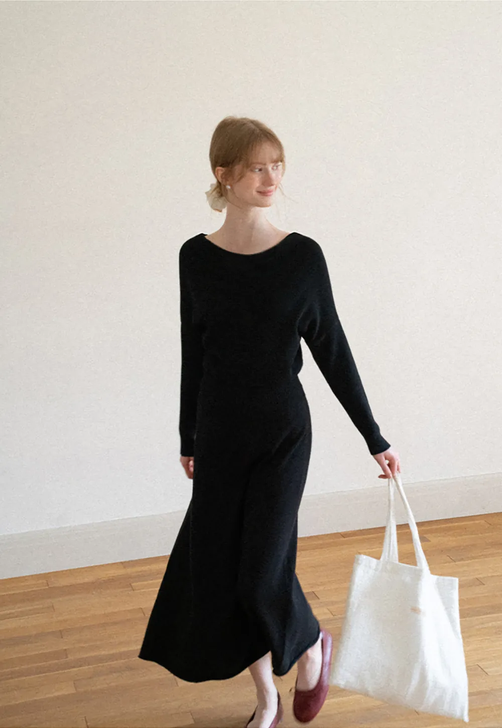 Asymmetrical Wrap Knit Sweater and Flowing Skirt
