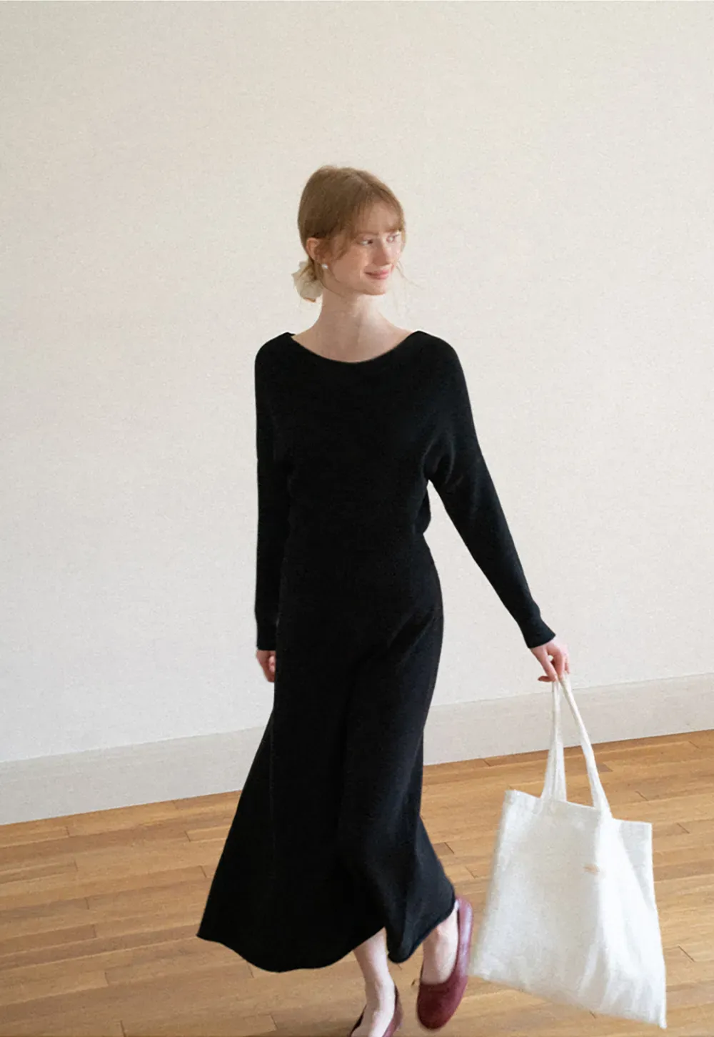 Asymmetrical Wrap Knit Sweater and Flowing Skirt