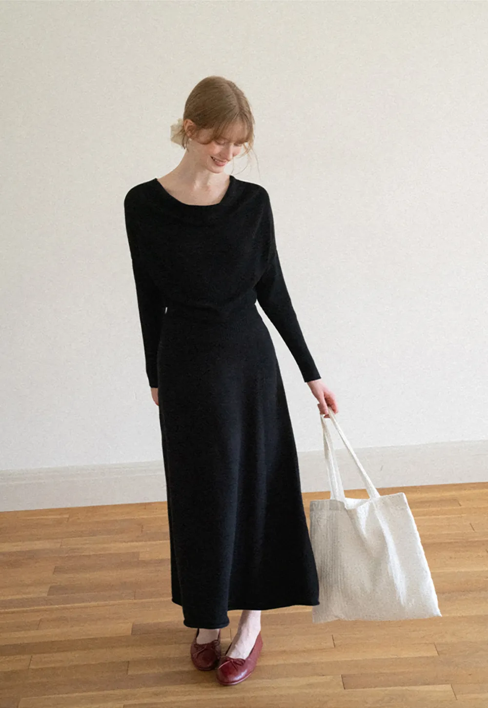 Asymmetrical Wrap Knit Sweater and Flowing Skirt