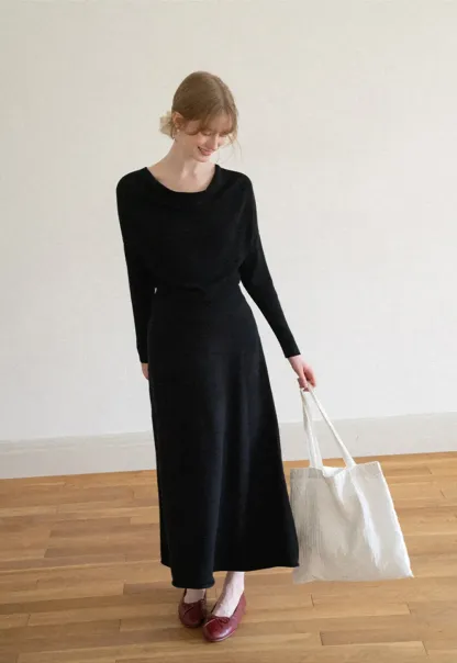 Asymmetrical Wrap Knit Sweater and Flowing Skirt