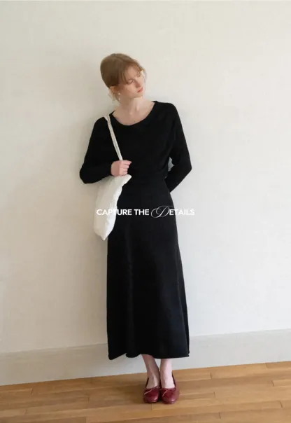 Asymmetrical Wrap Knit Sweater and Flowing Skirt
