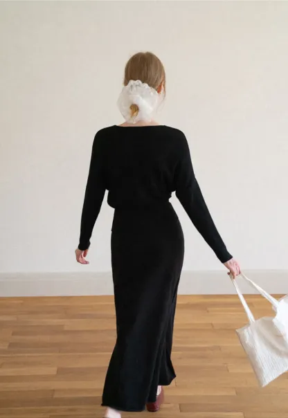 Asymmetrical Wrap Knit Sweater and Flowing Skirt