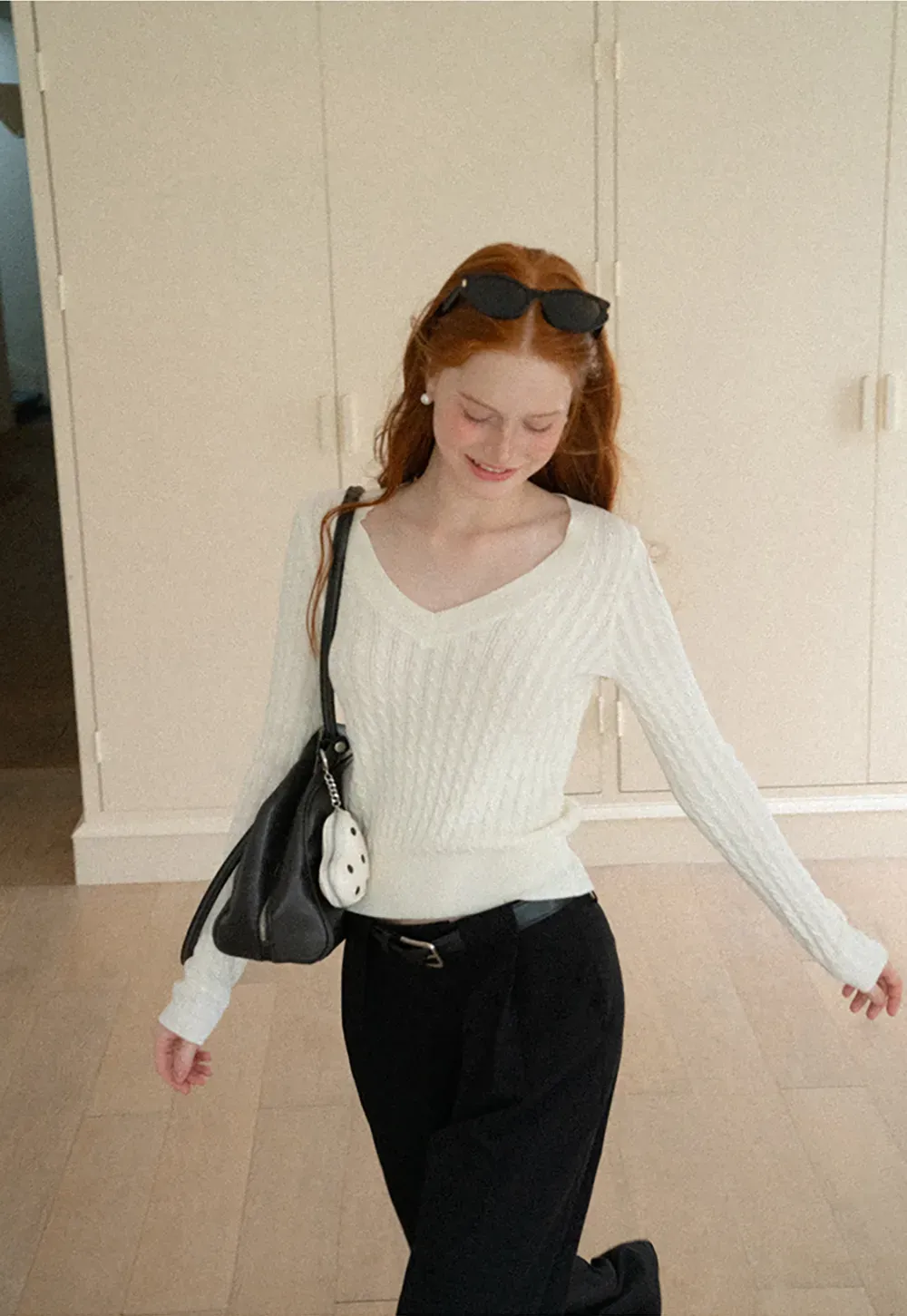 V Neck Cable Knit Long Sleeve Sweater