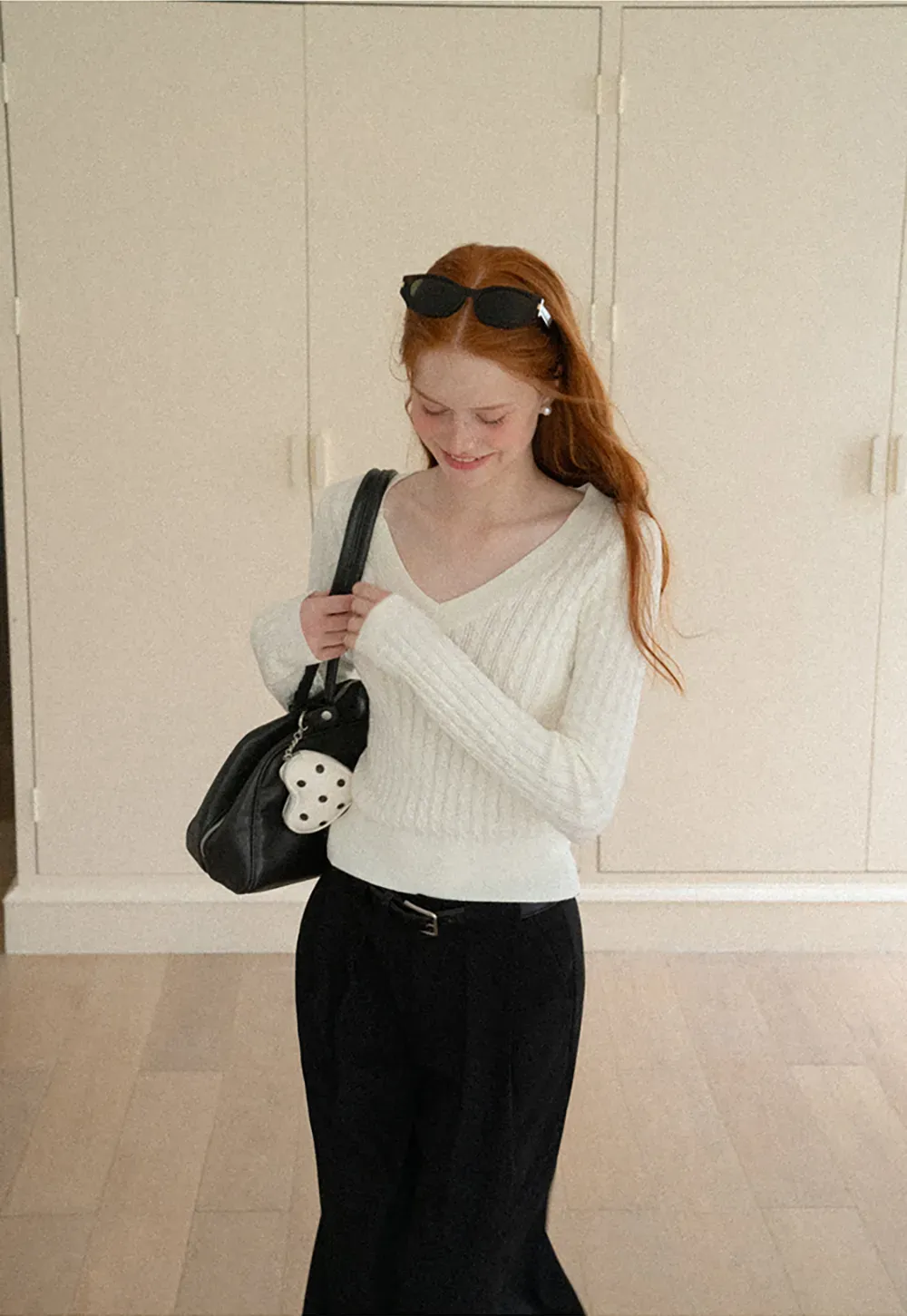 V Neck Cable Knit Long Sleeve Sweater