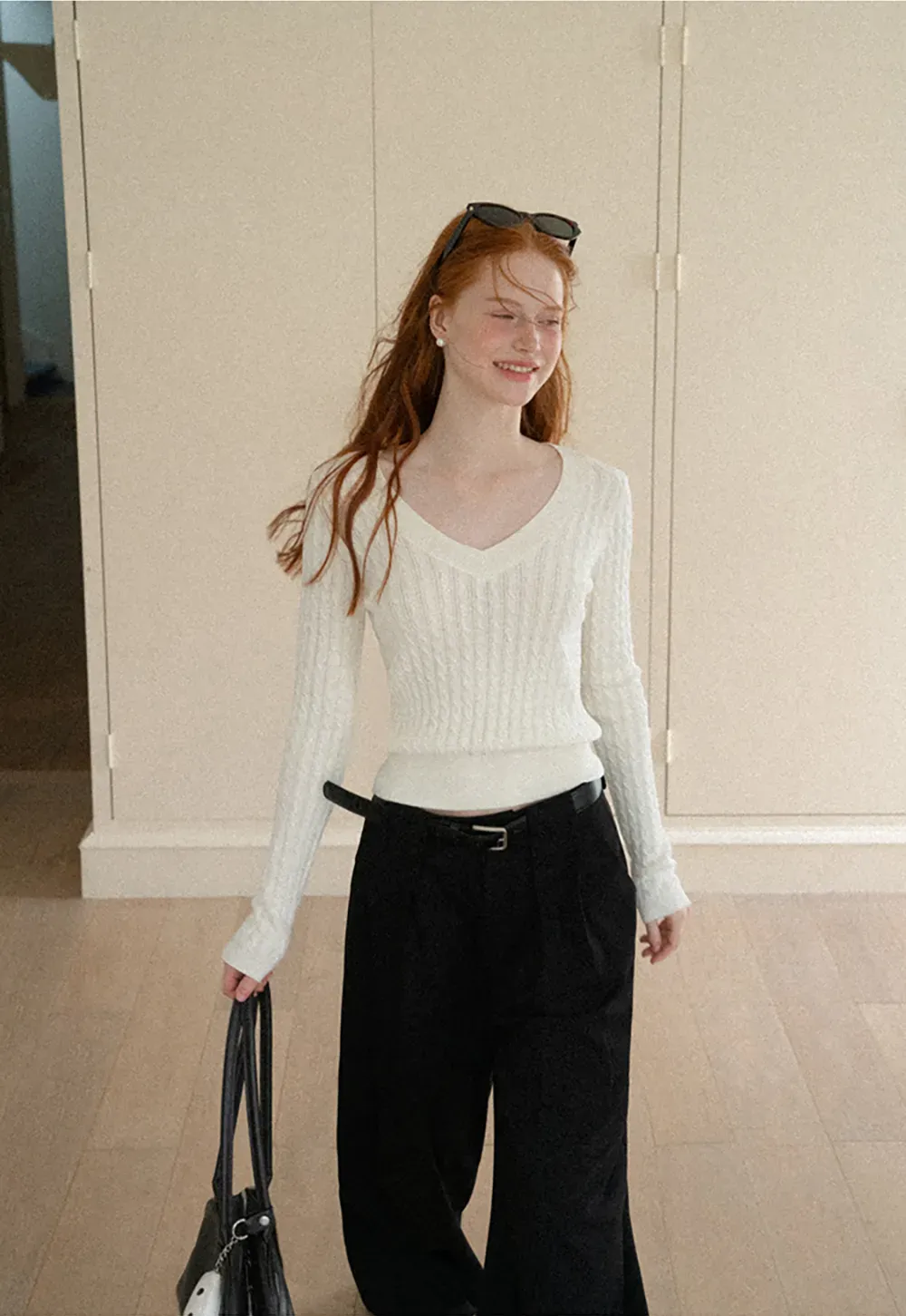 V Neck Cable Knit Long Sleeve Sweater