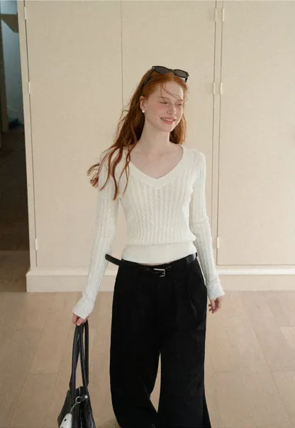 V Neck Cable Knit Long Sleeve Sweater