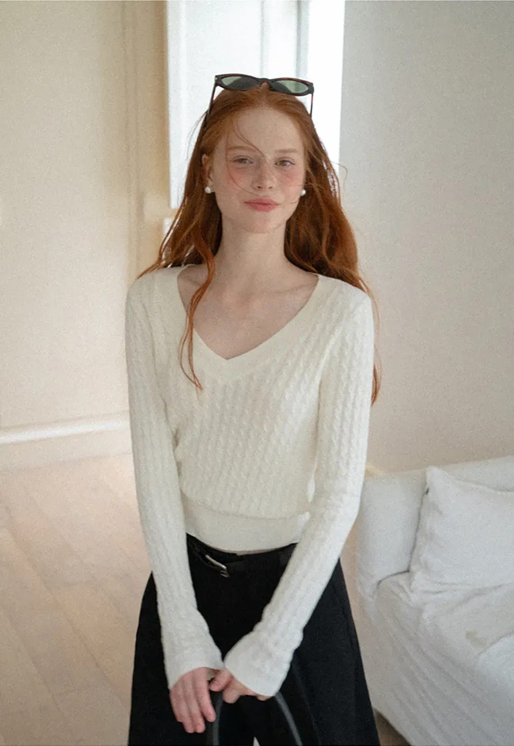 V Neck Cable Knit Long Sleeve Sweater