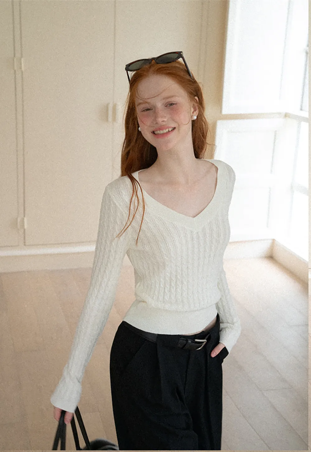 V Neck Cable Knit Long Sleeve Sweater