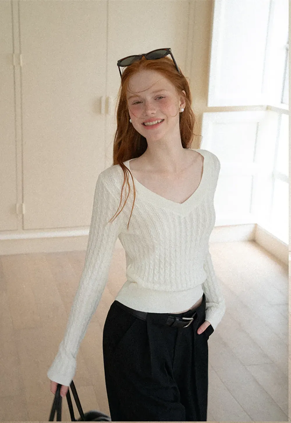 V Neck Cable Knit Long Sleeve Sweater